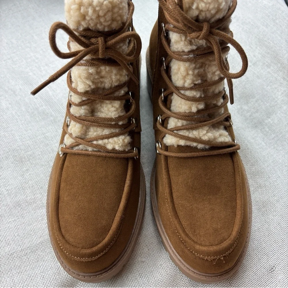 Sun + Stone Women's Brown Peanut Quiinn Lace-Up Winter Lug Booties Size 10